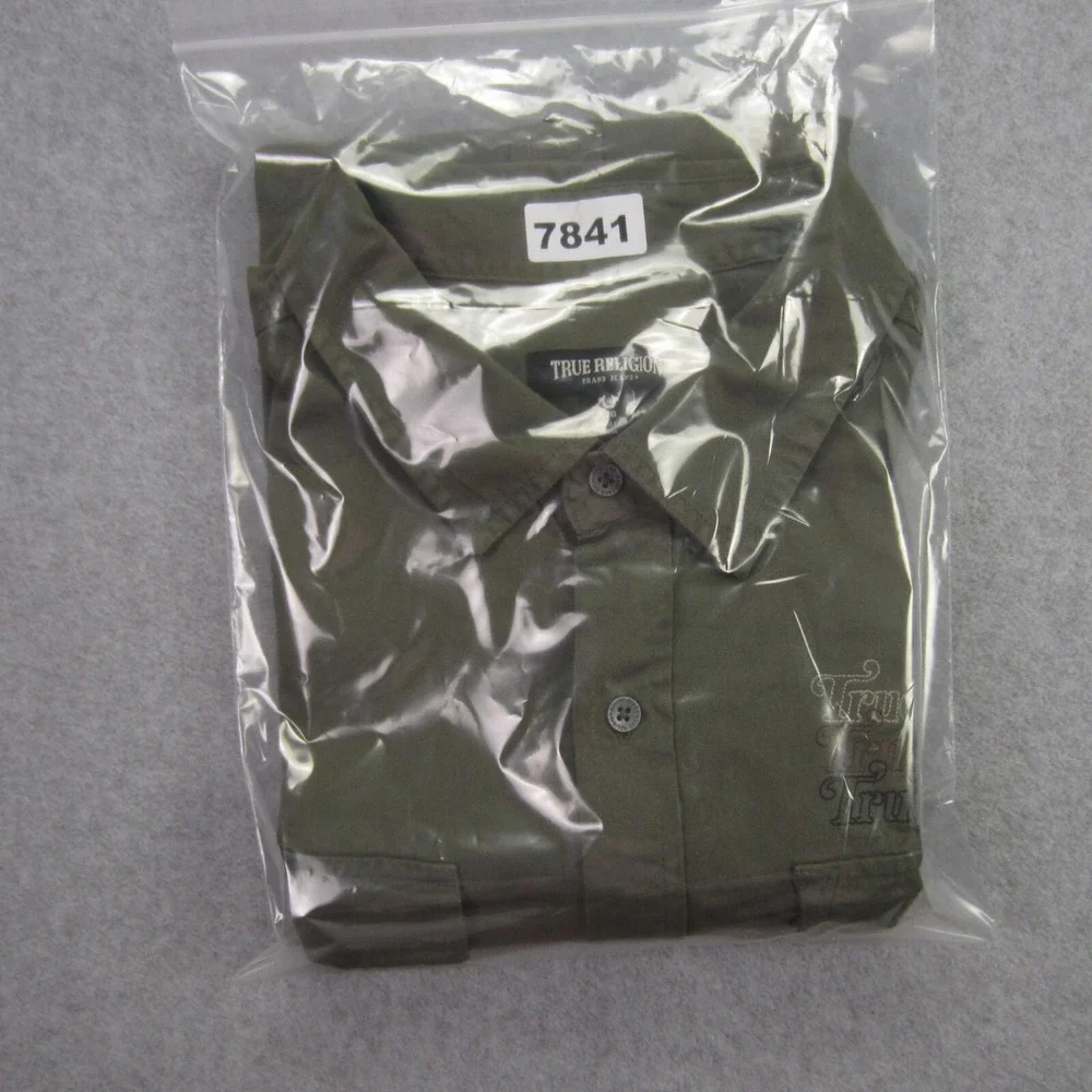True Religion Shirt Mens L Green Short Sleeve Button Up Triple Needle Pocket